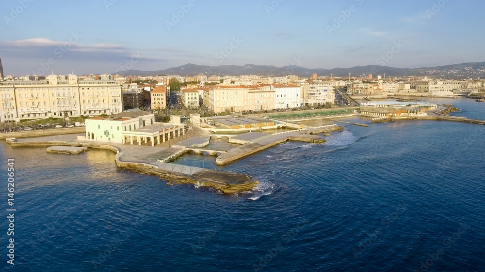 Obraz premium Beautiful sunset aerial view of Leghorn coast along Mascagni Terrace, Italy
