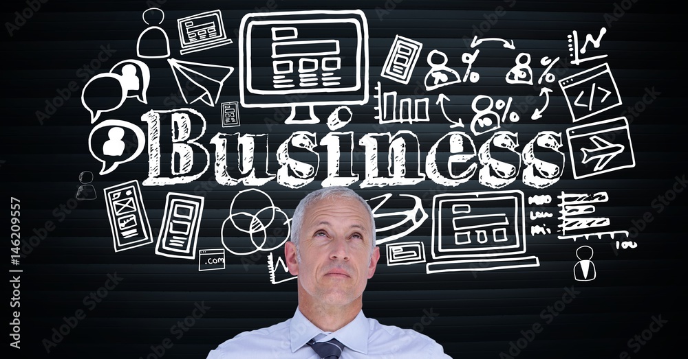 Senior businessman looking up at text surrounded by icons Senior businessman looking up at text surrounded by icons