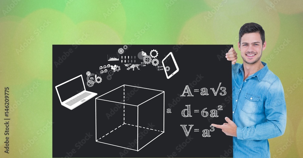 Man pointing at diagrams and formulas on bill board Man pointing at diagrams and formulas on bill board