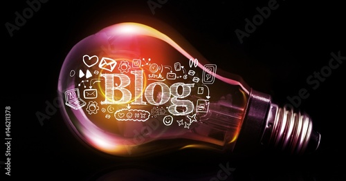 Digital composite image of blog text with icons in light bulb
