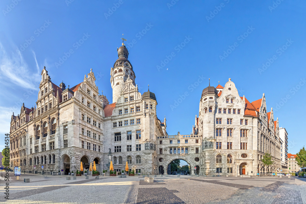 View on New town hall (Neues Rathaus) from Burgplatz square in Leipzig, Saxony, Germany