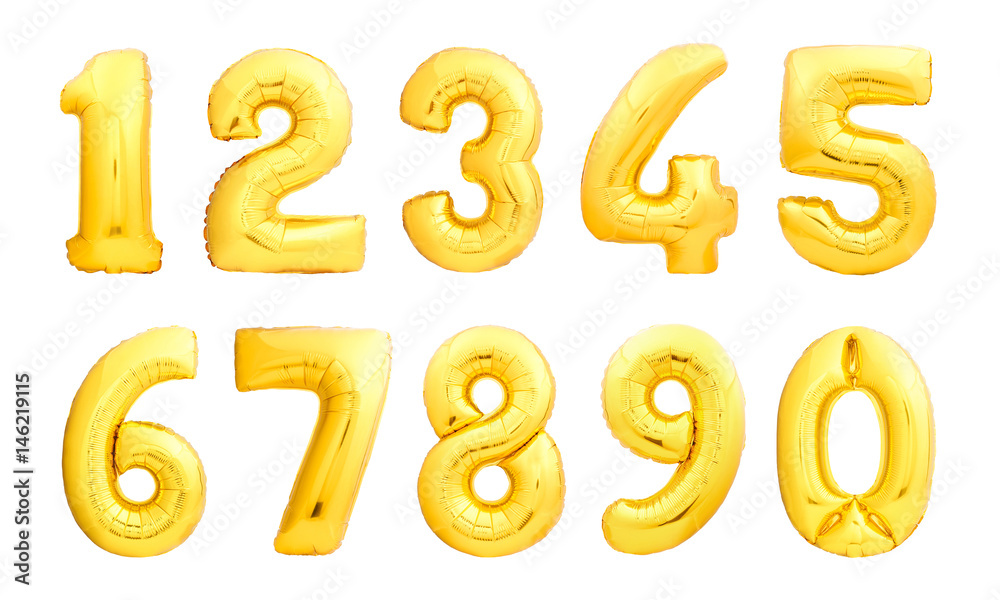 Numbers set made of golden inflatable balloons