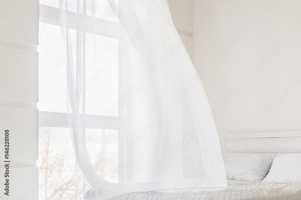 Abstract white waving curtain in white bedroom apartment Stock Illustration  | Adobe Stock