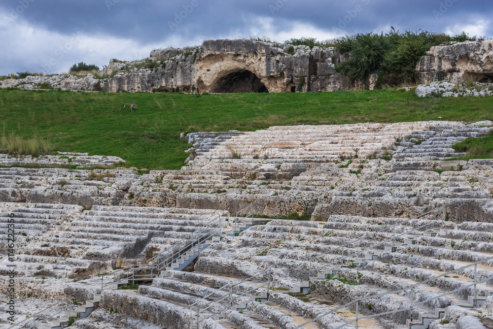 Ruins of Greek theater in Neapolis Archaeological Park in Syracuse, Sicily Island of Italy