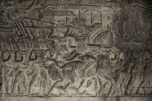 Carved stone relief at Angkor Wat, Cambodia