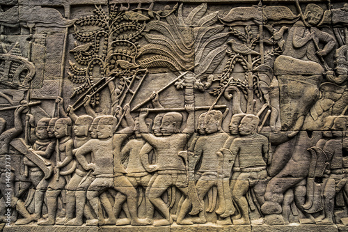 Carved stone relief at Angkor Wat, Cambodia