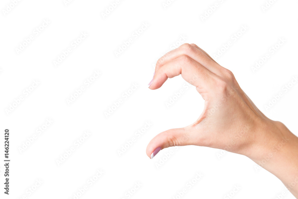 Closeup of female caucasian hand isolated on white background. Young woman  forming shape of half of heart with her fingers. Horizontal color  photography. Point of view shot with copy space Stock Photo |
