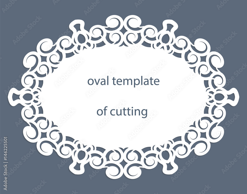 Greeting card with decorative oval border, doily of paper under the cake, template for cutting, wedding invitation, decorative plate is laser cut, vector illustrations. Greeting card with decorative oval border, doily of paper under the cake, template for cutting, wedding invitation, decorative plate is laser cut, vector illustrations.