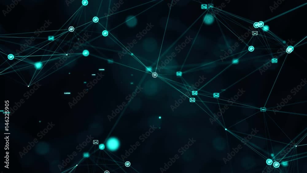 CGI animation of pulsating dots and messaging icons connected by strings floating in dark digital space with plexus effect CGI animation of pulsating dots and messaging icons connected by strings floating in dark digital space with plexus effect