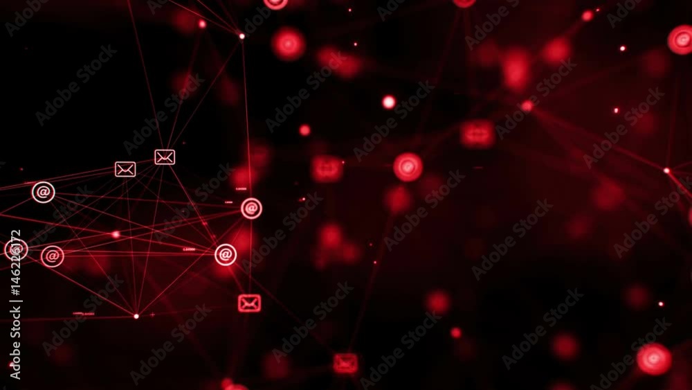 CGI animation with zoom out effect of red word communication appearing in dark digital space with flickering messaging icons and dots CGI animation with zoom out effect of red word communication appearing in dark digital space with flickering messaging icons and dots