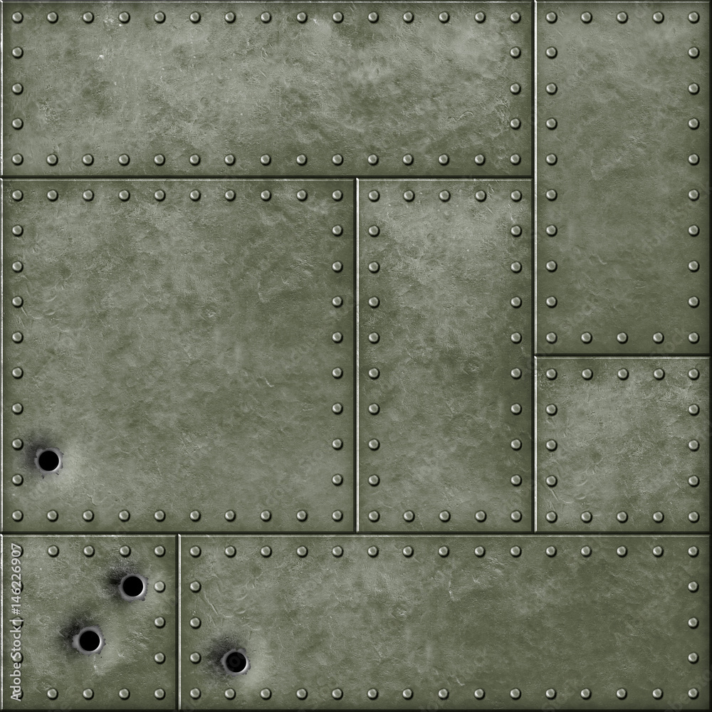military metal plate and bullet holes 3d illustration