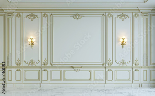 White wall panels in classical style with gilding. 3d rendering