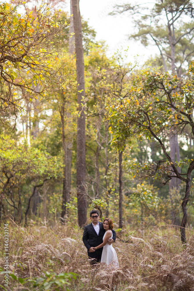 A couple in formal dress black suit and white dress romance in the pine forest before wedding, Thailand