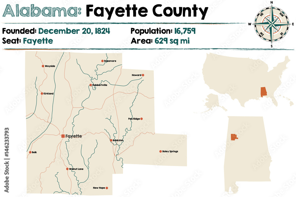 Large and detailed map of Fayette County in Alabama