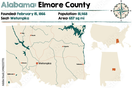 Large and detailed map of Elmore County in Alabama