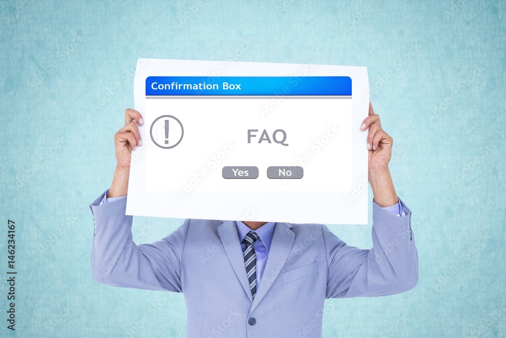 Businessman holding poster with FAQ pop up box