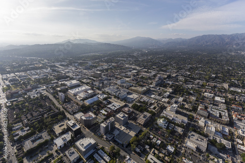 Aerial view of downtown Pasadena and the San Gabriel Mountains in Southern California.