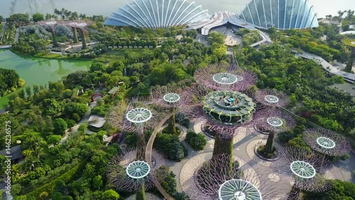 4k erial fly-over view of Gardens By The Bay, Singapore. Featuring Supertree Grove, Cloud Forest and Flower Dome photo