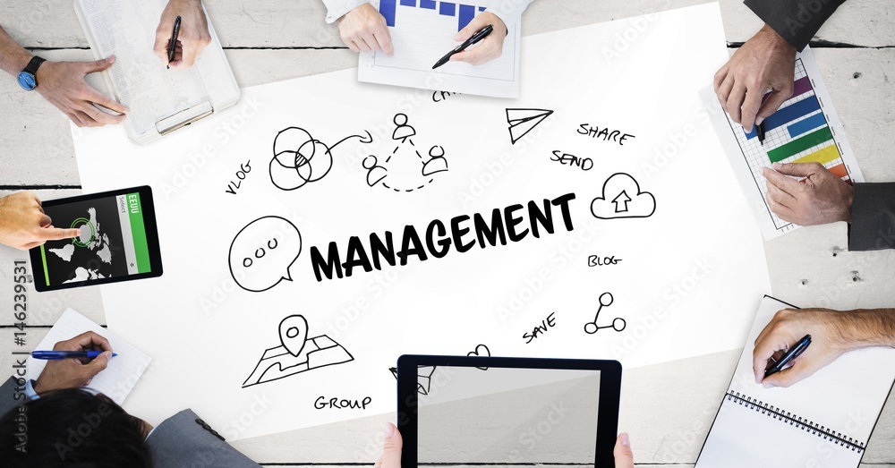 Management text with icons and hands of business people Management text with icons and hands of business people