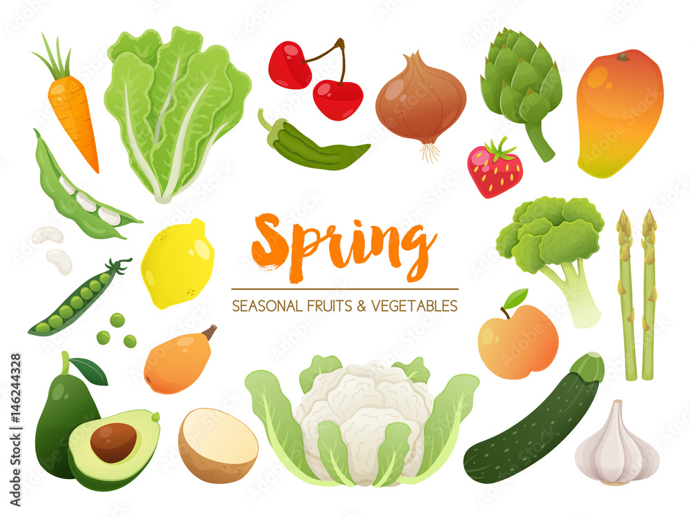 Collection of seasonal fruits and vegetables. Spring time collection
