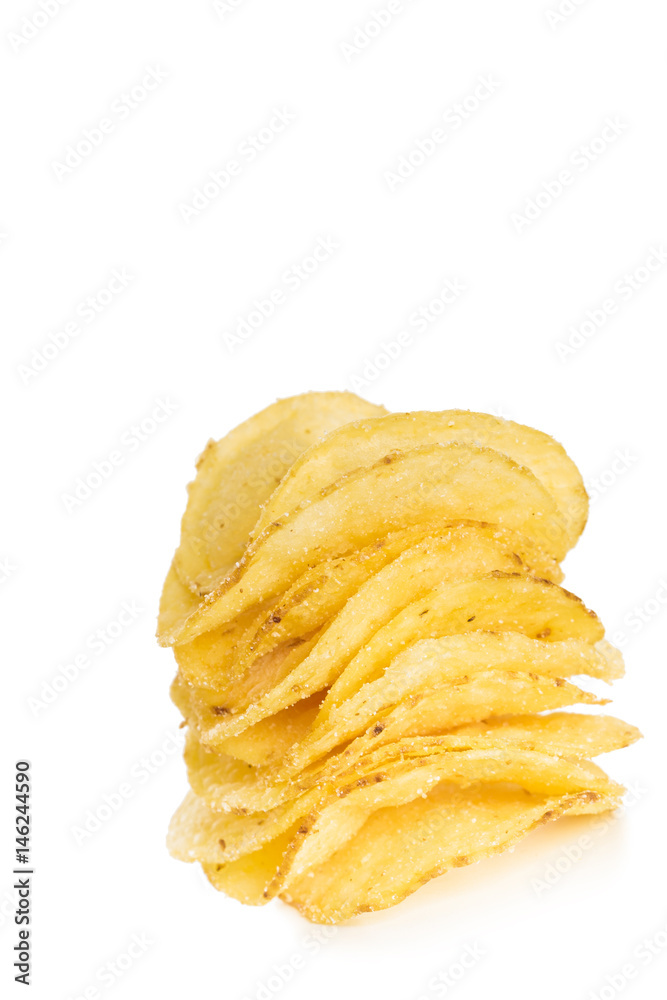 stack of crispy potato chips isolated on white background close-up stack of crispy potato chips isolated on white background close-up