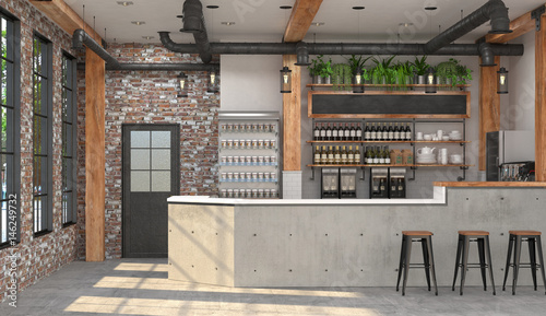 Modern design of the bar in loft style. 3D visualization of the interior of a cafe with a bar counter.