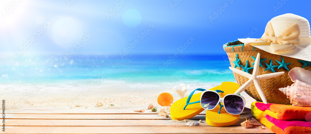 Beach Accessories On Deck Beach - Summer Holidays
