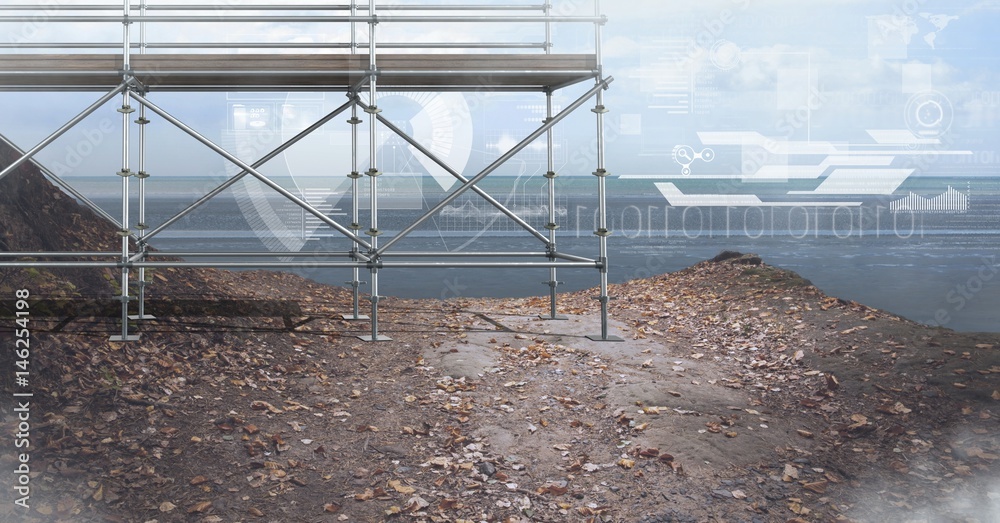 Fototapeta premium Sea landscape with technology interface and 3D Scaffolding