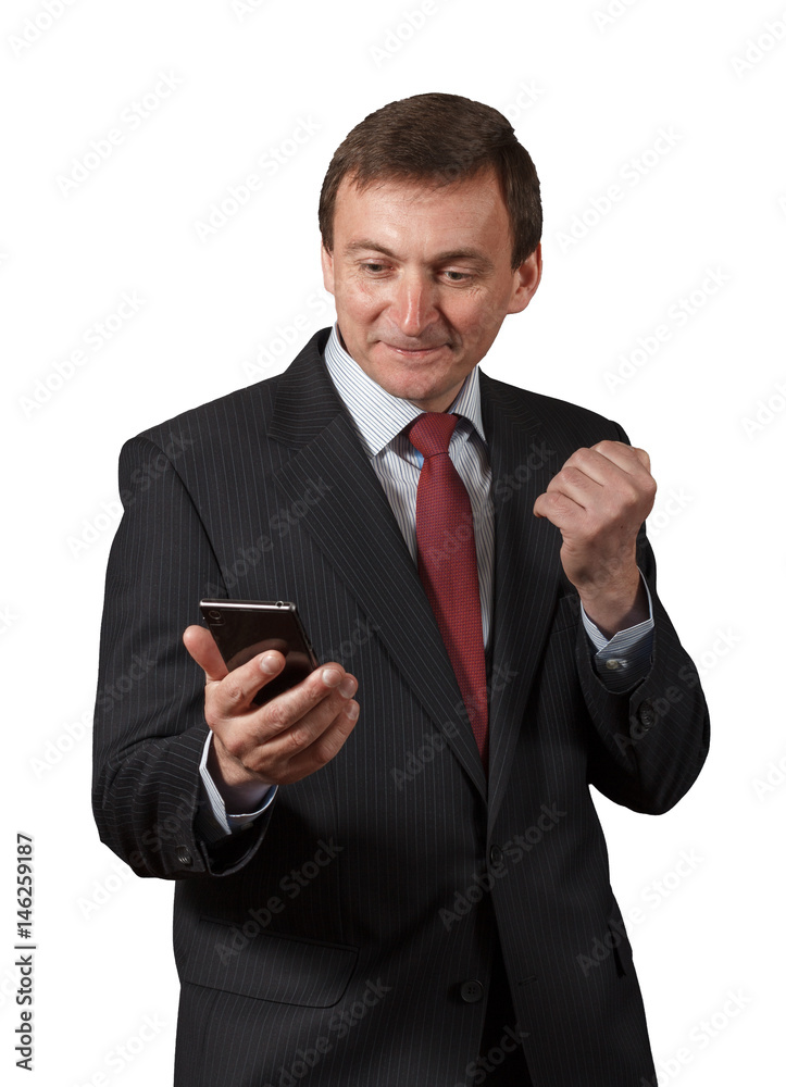 Confident mature businessman looking on the sell phone, having happy look, smiling Isolated portrait on white Confident mature businessman looking on the sell phone, having happy look, smiling Isolated portrait on white