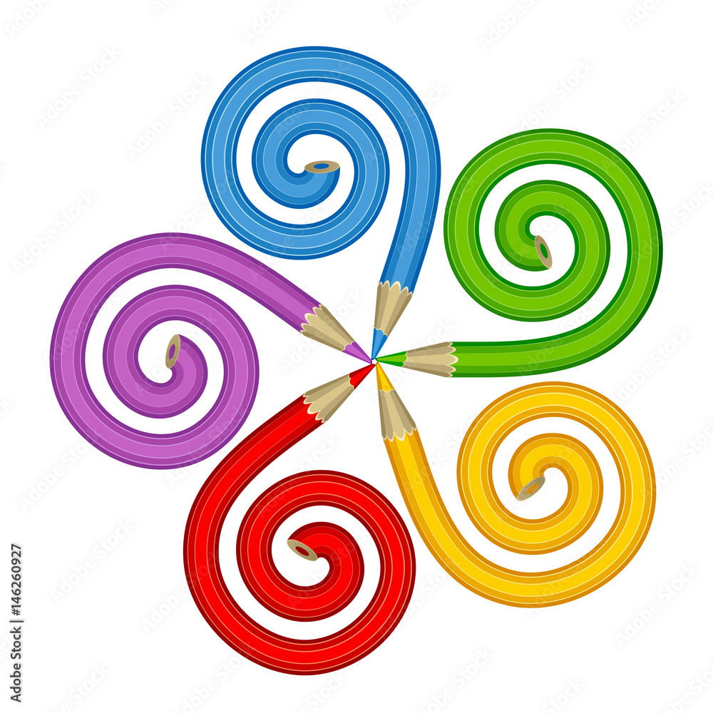 Multicolored pencils twisted spiral on a white background Multicolored pencils twisted spiral on a white background