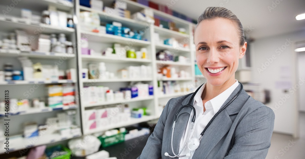 Composite image of a doctor in a pharmacy Composite image of a doctor in a pharmacy