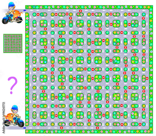 Logic puzzle game with labyrinth. Need to draw the way for cat from start till end respecting traffic signs. Vector image.