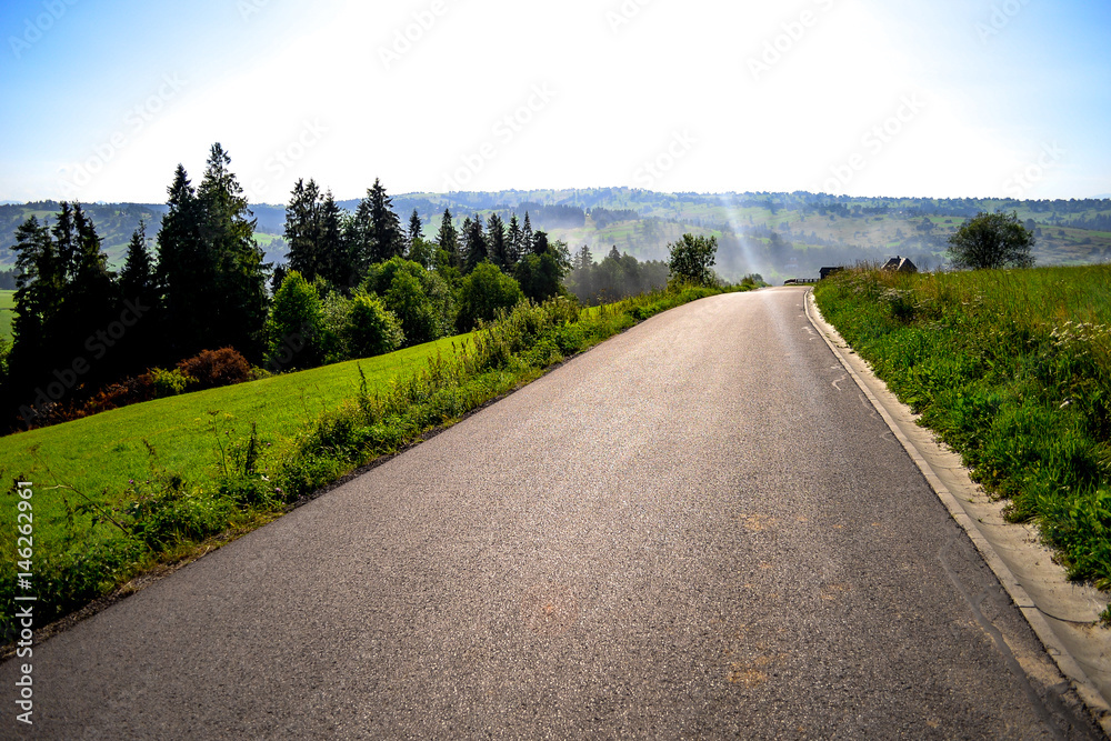Summer Road in Mountain. Landscape in The Tatra With Fresh Coloured Meadows and Flowers Summer Road in Mountain. Landscape in The Tatra With Fresh Coloured Meadows and Flowers