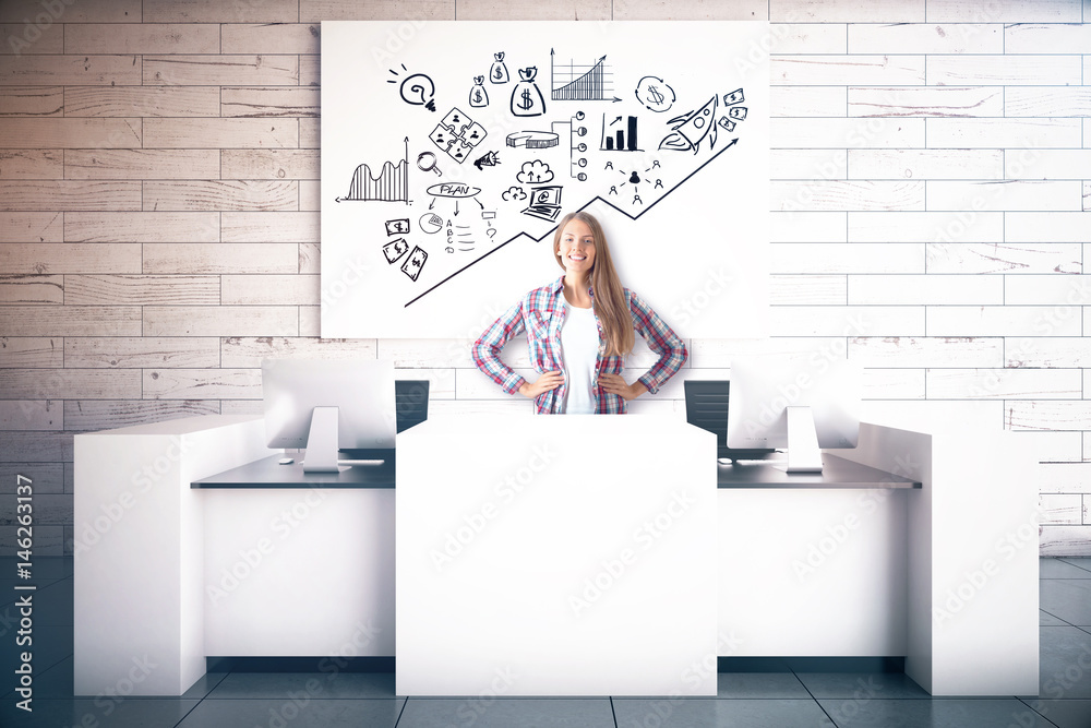 Fototapeta premium Woman at reception with business sketch