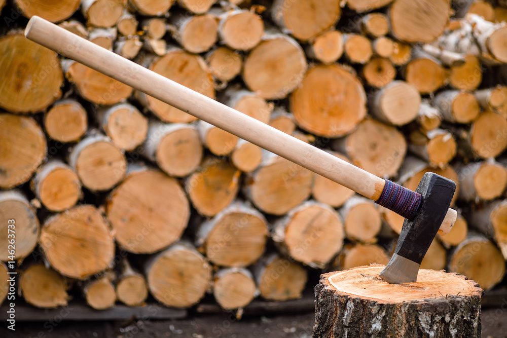 Massive axe stuck in a birch stub Massive axe stuck in a birch stub