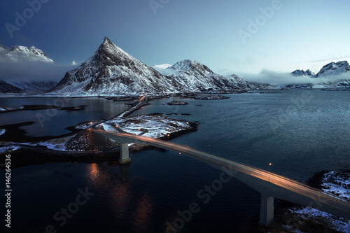 Olstind Mount and bridges. Lofoten islands, Norway photo