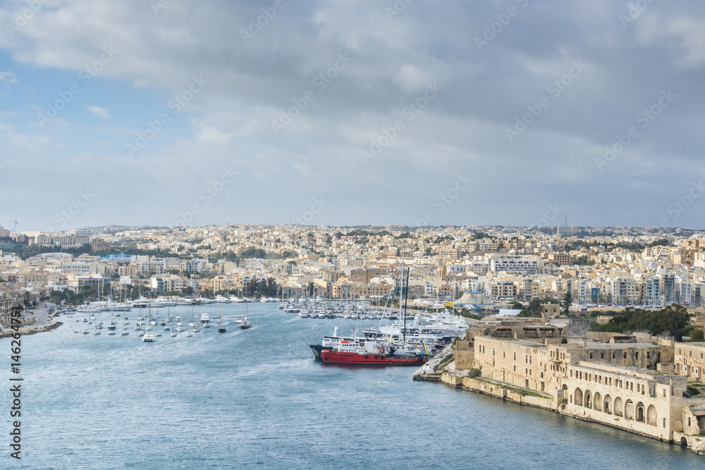 Panoramic view of Valletta and Grand Valetta bay on Malta