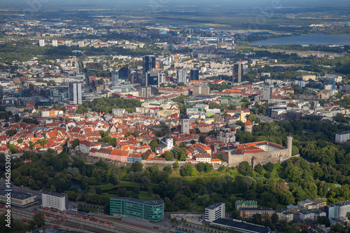 Fototapeta Naklejka Na Ścianę i Meble -  Aerial view from helicopter at old town of Tallinn, Estonia.