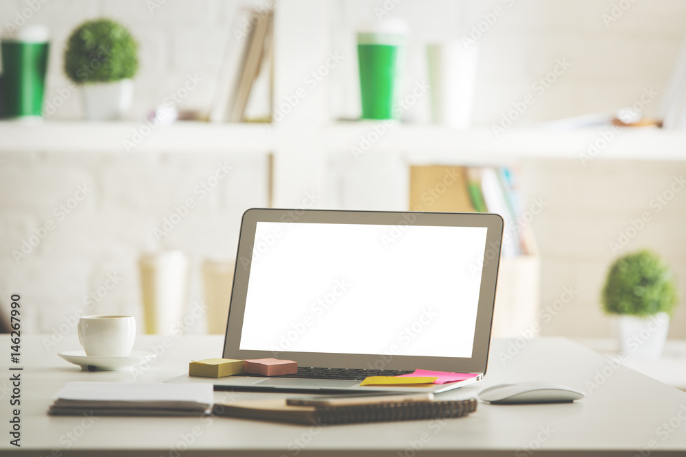 Laptop with empty white screen front Laptop with empty white screen front