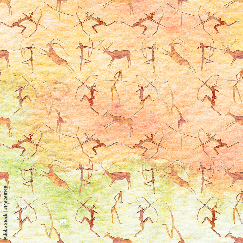 Fototapeta premium Cave Painting Seamless Pattern. Hunting scene background.