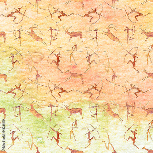 Cave Painting Seamless Pattern. Hunting scene background.