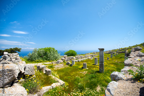The ruins of ancient Thira, a prehistoric village at the top of the mountain Mesa Vouno, Santorini, Greece.
