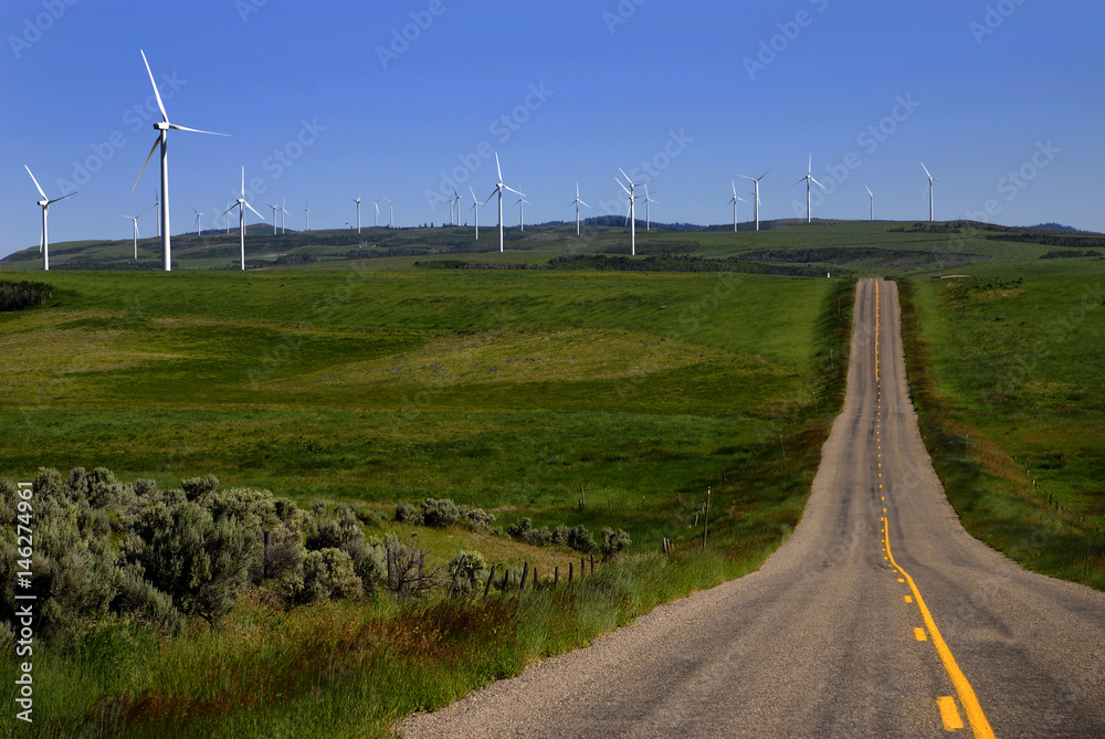 Windmill for Wind Power on top of lush green hill road