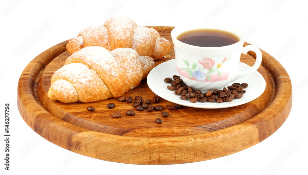 fresh croissant with coffee on wood background fresh croissant with coffee on wood background