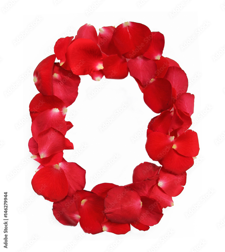 Alphabet O formed by red rose petals on white background Alphabet O formed by red rose petals on white background