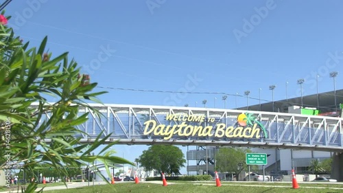 Welcome to Daytona Beach sign located above the roadway, Florida, USA 