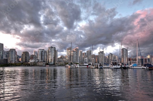 Vancouver skyline and harbor at sunset. False Creek. Vancouver. British Columbia. Canada.