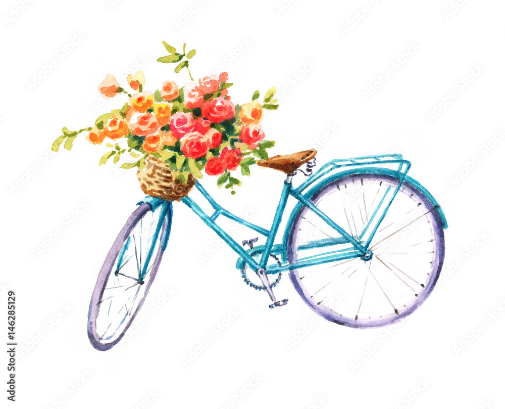 Fototapeta Watercolor Blue Bicycle With Beautiful Flower Basket Hand Painted Summer Bike Illustration isolated on white background