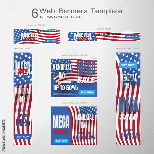 Web banners of Memorial Day vector set of standard size on the gradient gray background.