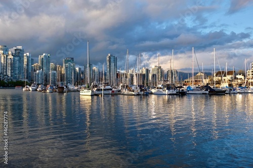 Vancouver skyline at sunset. Boats in False Creek. Vancouver. British Columbia. Canada.